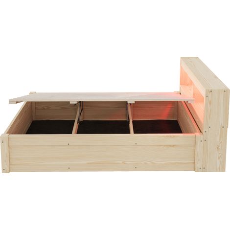 Cama multifunción 90x200 cm de madera color natural con enchufe, LED y arcón hidráulico (1/5)