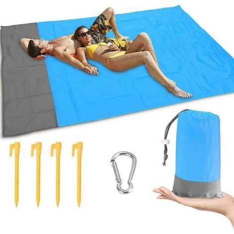 Tapis de Plage Imperméable, Couverture de Plage Large Anti Sable 200 cm x 145 cm Drap de Plage pour Plage, Camping, Picnic, Parc, Voyage ect Les Èvénements en Extérieur (Bleu/Gris) (1/4)
