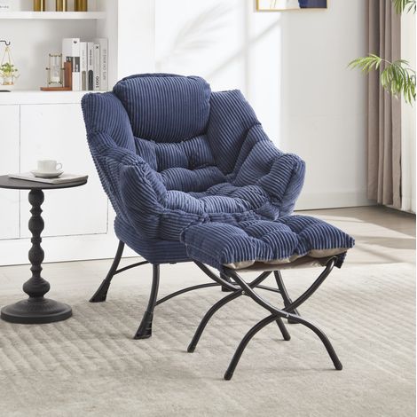 Sillón moderno con reposapiés, reposabrazos y bolsillo lateral, azul marino HAVRYA (1/5)