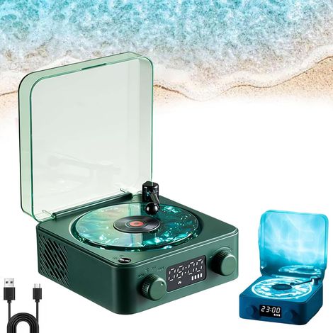 Disque vinyle, lecteur horloge, enceinte Bluetooth, enceinte portable rétro en vinyle, lumière et heure réglables, vert (1/5)