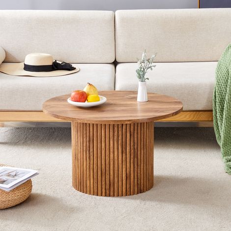 Table basse ronde 70cm MDF design colonnes romaines,cadre métallique. Style rétro luxe adapté aux espaces de vie européens.