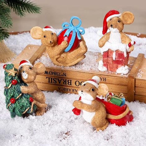 Ensemble de 4 décorations de Noël en forme de souris, mini souris en résine, décorations de bureau festives, adorables ornements de Noël. (1/5)