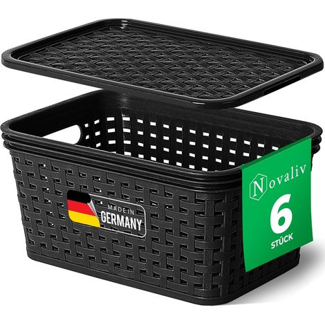 Novaliv lot de 6 boîtes de rangement avec couvercles, mini panier 2L, noir en rotin, panier de rangement alimentaire, boîtes empilables, plastique
