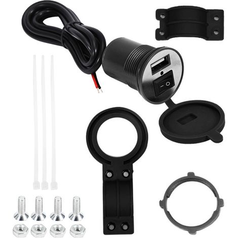 Cargador USB impermeable para motocicleta con soporte para smartphone, cable de 1,5 m, 12V/24V, ABS negro. (1/5)