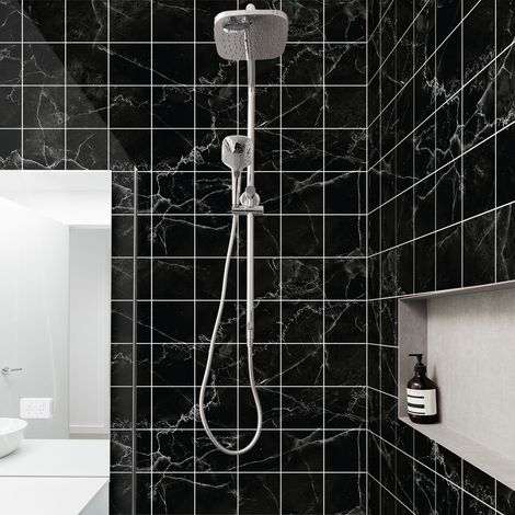 Sticker Mural Carrelage adhésif Cuisine Salle de Bain - 60 STICKERS CARREAUX DE CIMENT MARBRE NOIR DE PALMA - 60stickers20x20cm (1/5)