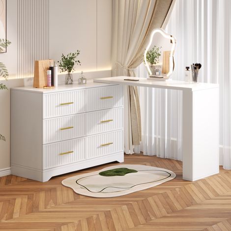 Coiffeuse pivotante LED 110x40x129 cm avec miroir 3 couleurs, 6 tiroirs et rangements, blanc et doré (1/5)