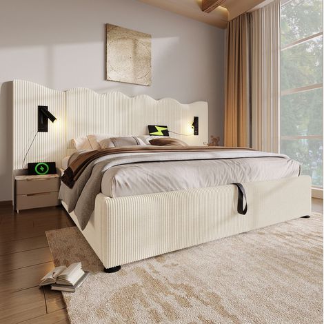 Cama doble tapizada 180x200 cm moderna en pana beige-blanco con cabecero ondulado, luz de lectura, USB-C y arcón (1/5)