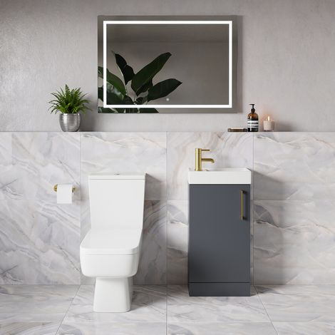 Napoli Cube Gloss Grey 400mm Single Door Vanity Unit and Toilet Suite with Align Basin - 400mm - Brushed Brass 160mm Handle