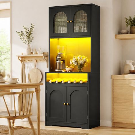 Set de 2 aparadores altos negros con LED RGB App, puertas de cristal y botellero (1/5)