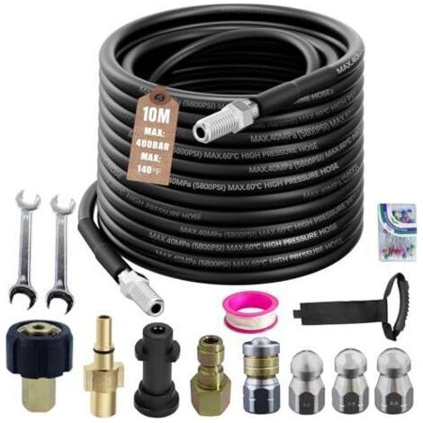 Kit de nettoyage de canalisations 10 m, compatible avec les nettoyeurs haute pression Kärcher k2-k7, Lavor, Bosch, 400 bar / 5800 PSI, universel pour canalisations bouchées, gouttières et descentes pl (1/5)