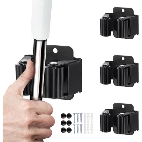 Support mural acier inoxydable noir mat pour balais et serpillières, rangement compact et pratique. (1/5)