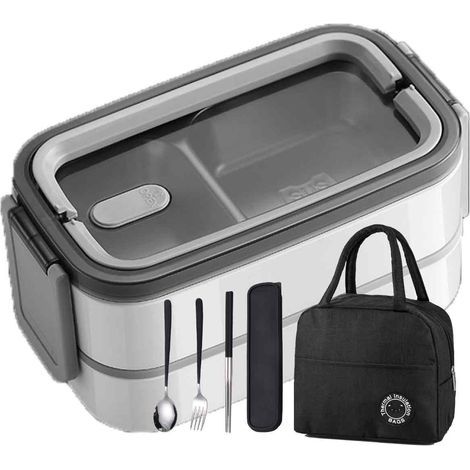 boîte à lunch isotherme,304Boîte à lunch portable blanche en acier inoxydable compartiments + cuillère, fourchette, baguettes+sac (1/5)