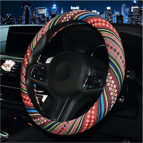Funda De Volante Universal, Paño De Lino Grueso Estilo étnico Fundas para Volante Automotriz, Funda De Volante Coche con Absorción del Sudor, para Coches, Todoterrenos, Furgonetas(Modelo E) (1/5)
