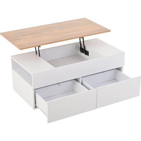 Tavolino da caffè sollevabile 100x50x40 cm con 2 cassetti e vano portaoggetti bianco effetto legno (1/5)