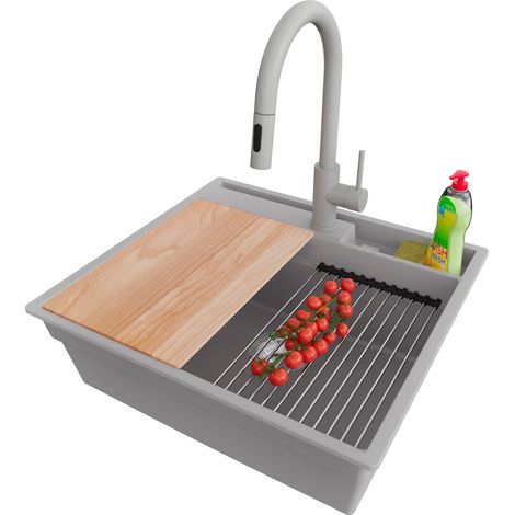 PRIMAGRAN Evier Cuisine en Granit 58x53cm,Lavabo 1 bac + Robinet 40x20cm + Kit de Vidage + Accessoires, Évier à Encastrer au meuble 60cm - Oslo Pocket, Gris (1/5)