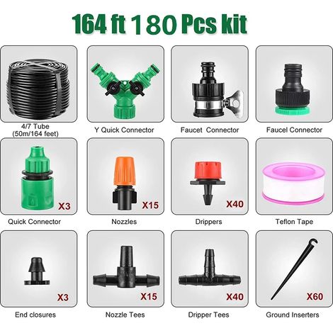 Kit d'irrigation goutte à goutte automatique de 50 m avec goutteurs réglables et tuyau - Outils de brumisation pour jardin extérieur (1/4)