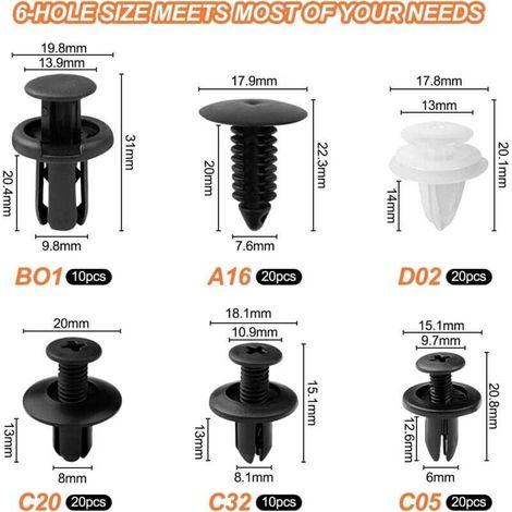 100 Pièces Clips Voiture Universel, 6 Taille Clips de Fixation Voiture Outils, Rivet Plastique, Agrafes Carrosserie pour Pare-Chocs Porte de Voiture Fender Push Kit de Remplacement