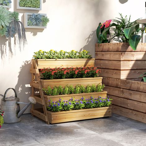 Jardinière surélevée à quatre niveaux avec trous de drainage et tissu non tissé. Fabriquée en bois de sapin. 75 x 57 x 60,5 cm.