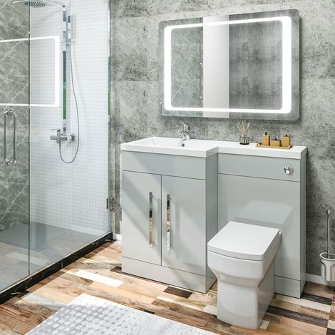 ELEGANT 1100mm L Shape Bathroom Vanity Sink Unit Furniture Storage, Matte Grey Vanity Unit with Concealed Cistern + Basin with Ceramic Square Toilet Left Hand