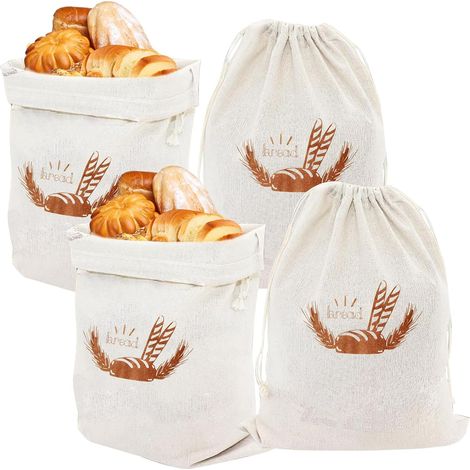 Brotbeutel, 4er-Set wiederverwendbare Aufbewahrungsbeutel aus natürlichem Leinen, beige, perfekt zum Frischhalten Ihres selbstgebackenen Brotes.