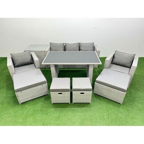 Fimous Patio Garden Furniture Sets with Black Glass Top Dining Table Armchair 3 Seater Sofa Side Table 4 Stools Light Grey (1/4)