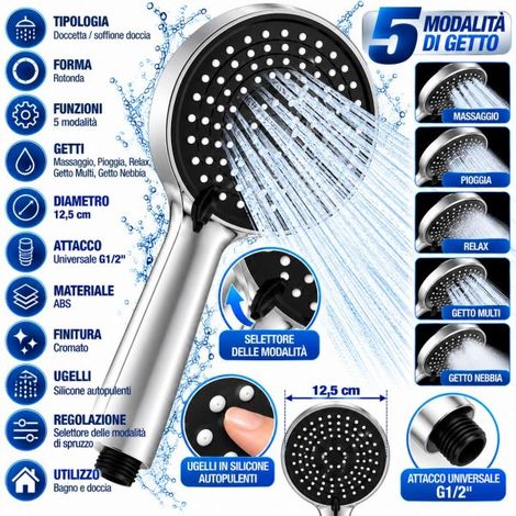Soffione Doccetta Doccia a 5 Getti Ø12,5cm Cromato ABS Universale G1/2" (1/5)