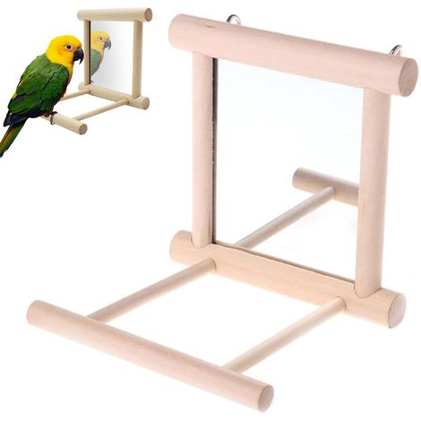 Specchio per gabbia per uccelli, giocattolo per uccelli, trespolo con specchio per uccelli domestici, giocattoli in legno per gabbie per uccelli, giocattoli in legno naturale per pappagalli, parrocche (1/5)