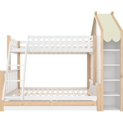 Etagenbett für Kinder 90x200 cm + 140x200 cm mit Dach, Leiter und Schubladen, Weiß/Natur (1/5)