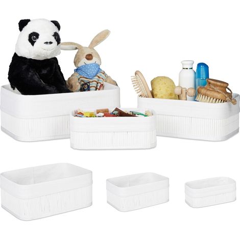 Relaxdays Storage Basket 2 Sets of 3, Fabric Lining, Bamboo, Rectangular, Bathroom & Bedroom Accessories, Toys, White