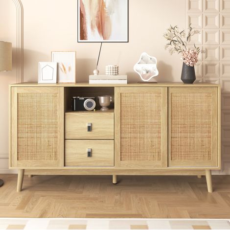 Credenza a 3 ante scorrevoli in rattan naturale, 2 cassetti, 155 x 38 x 80 cm HAVRYA (1/5)