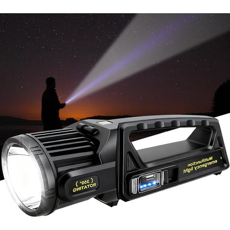 LETOUR Spot LED rechargeable 450000 lumens avec tête rotative à 350 °, 9 modes, super lumineux, lampe de poche solaire étanche IPX7 pour urgences (1/5)