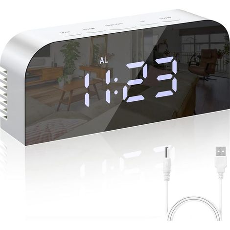 Réveil Matin Numérique Miroir, LED, Horlogue Digitale, Chevet, 2 Niveaux de Luminosité,12/24H, avec 2 Ports De Charge USB, Décoration Moderne pour la Maison ou la Chambre, Blanc (1/5)