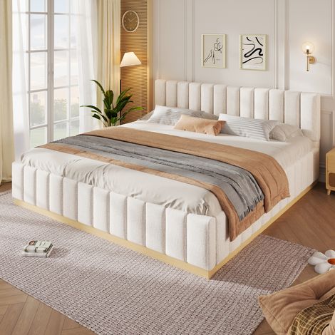 Lit double rembourré 180x200 cm avec tête de lit et sommier à lattes cadre bas bords arrondis maintien du matelas Chenille-Beige (1/5)