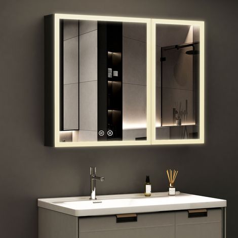 LED Spiegelschrank Bad mit Beleuchtung 80 x 60 cm, Spiegelschrank Bad-Hängeschränke Badezimmer Spiegelschrank mit Touch-Schalter, 3 Einstellbare Lichtfarben, Beschlagfrei (1/5)