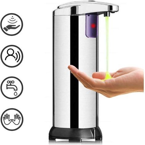 Dispenser di sapone automatico - Sensore in acciaio inox - Moderno dispenser di sapone senza contatto - Con base impermeabile - Per bagno, cucina e ufficio - 250 ml - Argento (1/5)