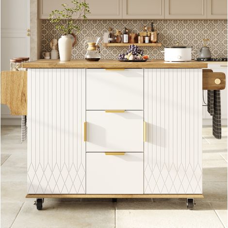 Îlot de cuisine mobile 134x46x88 cm en MDF et métal blanc, avec rangement, pour cuisine FloraGrace (1/5)