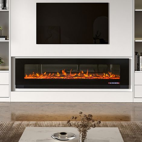 Black 72 Inch Wall Mounted LED Electric Fireplace with 9 Flame Colours (1/5)