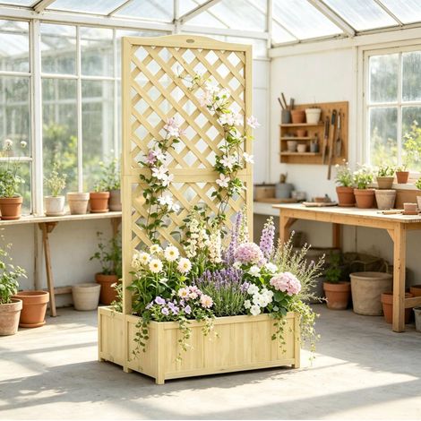 Jardinera doble plegable con celosía para plantas trepadoras, 2 compartimentos de 45 L y drenaje, estructura de madera clara para jardín y terraza – CHICFURN (1/5)