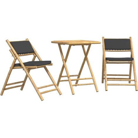 Ensemble de bistro pliante 3 pcs et coussins gris foncé bambou (1/5)