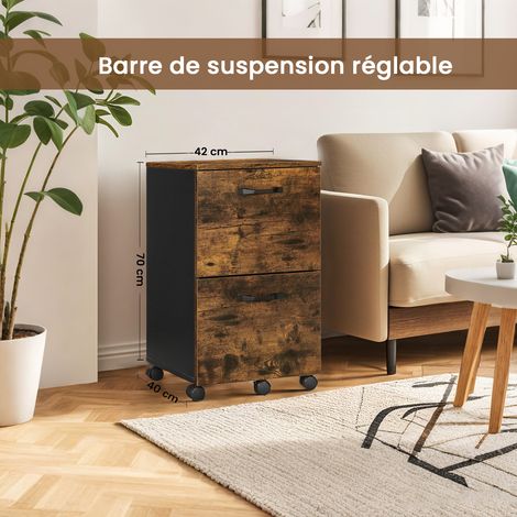 Caisson mobile avec 2 tiroirs, meuble de rangement, avec roulettes, pour dossiers suspendus au format A4, 40 x 42 x 70 cm, marron et noir (1/5)