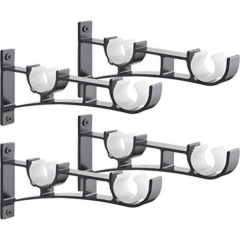 Ensemble de quatre tringles à rideaux robustes en métal, noires, avec support double pour tringle. (1/5)