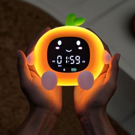 Réveil orange, veilleuse fruitée, multifonction, LED, tactile, en silicone, avec minuterie, veilleuse douce et support pour téléphone. (1/4)