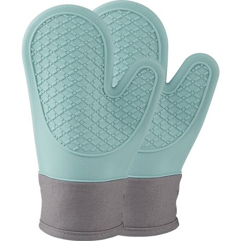 Une paire de gants courts en sergé bleu clair, gants de cuisine, maniques en silicone antidérapantes et résistantes à la chaleur, idéales pour la cui (1/5)