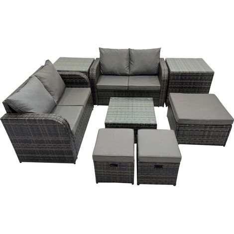 Fimous Rattan Garden Outdoor Furniture Set Love Sofa Square Coffee Table Set with 2 Side Tables 3 Stools Dark Grey Mixed (1/5)