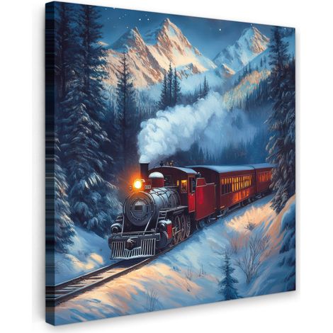 TABLEAU SUR TOILE Train - Noël - Neige - Train de Noël Tableau Chambre Adulte 90x90 cm