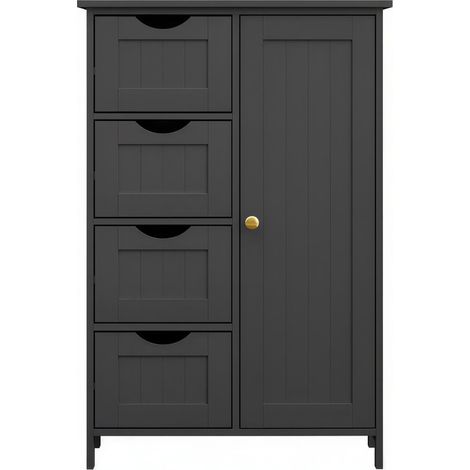 Meuble Salle de Bain Rangement, Gain de Place, Commode, avec 4 Tiroirs, Placard avec Porte, Étagère Réglable, 30 x 55 x 82 cm, Noir (1/5)
