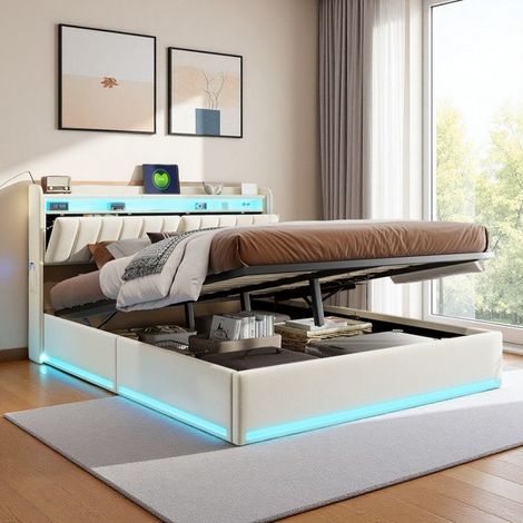 Bett 160x200 cm - TANANT - Doppeltbett aus beigem Samt - Integrierte LED - USB - Hydraulische Aufbewahrung