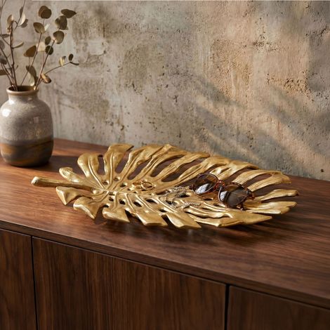 Plateau décoratif feuille monstera 36x29 cm en aluminium doré (1/5)