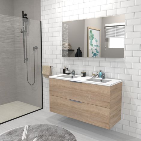 Le Quai Des Affaires – Meuble sous-vasque 2 tiroirs 120 cm – Vasque et miroir inclus – Décor chêne blanchi – Coulisses amorties – Montage mural