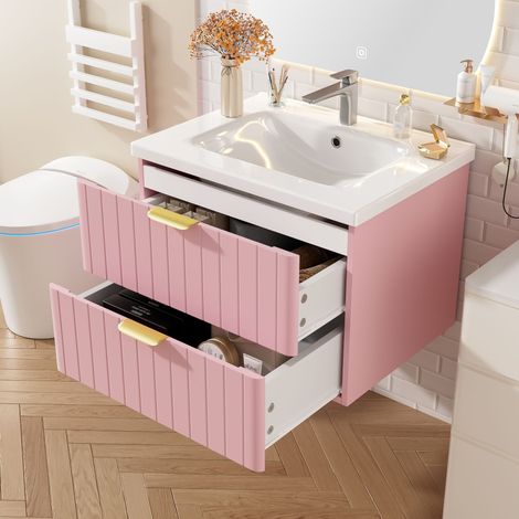 Lavabo 60,5x47,5x47 cm, avec vasque en céramique, 2 tiroirs, MDF résistant à l'humidité, poignée dorée, meuble vasque mural simple - Rose (1/5)